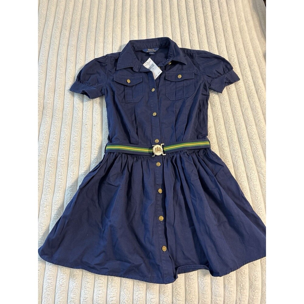 NWT Polo Ralph Lauren Blue Shirt Dress Gold Button Front Girls 14 School Preppy